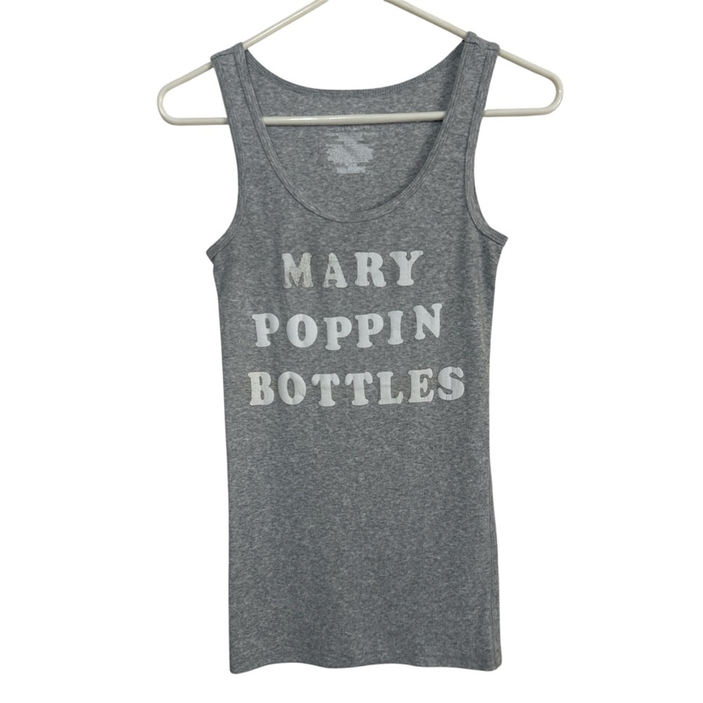 Time and Tru Mary Poppin Bottles Heather Grey Ribbed Graphic Tank Top